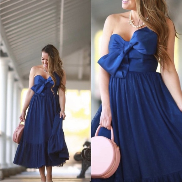 Anthropologie Navy Tulle Bow-Tie Midi Dress - Picture 2 of 5